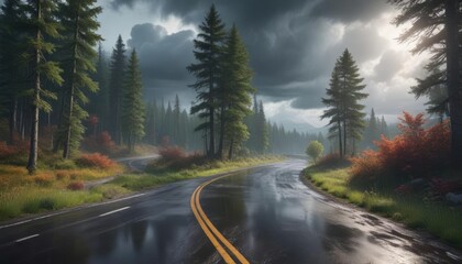 Naklejka premium A winding road leads through a forest with heavy storm clouds and rain pouring down from the sky, cloudy landscape, atmospheric conditions