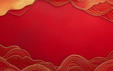 Traditional Chinese red background adorned with flowing golden wave line patterns
