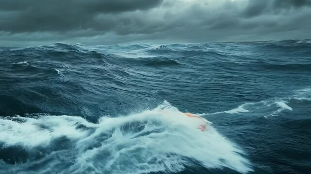 Orange life buoy floating on rough ocean waves under stormy cloudy sky. Marine safety and rescue concept.