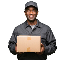 Happy Delivery Man Holding Cardboard Box Package Smiling Male Black Image Adult Worker Person Studio