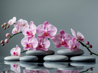 Elegant Pink Orchids on Smooth Stones with Serene Water Reflection
