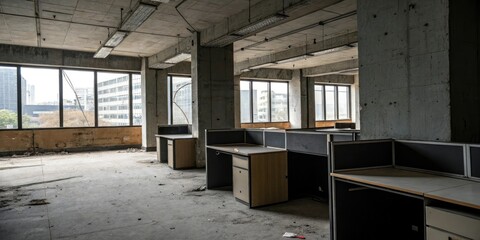 Abandoned office space with dark concrete walls and empty desks, bare walls, eerie atmosphere, abandoned office, dark concrete, grey decor