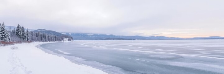 Fototapeta premium A frozen lake stretches across the frame with snow-covered trees and hills in the background and a hint of sunrise peeking over the horizon, peaceful, frosty, serene