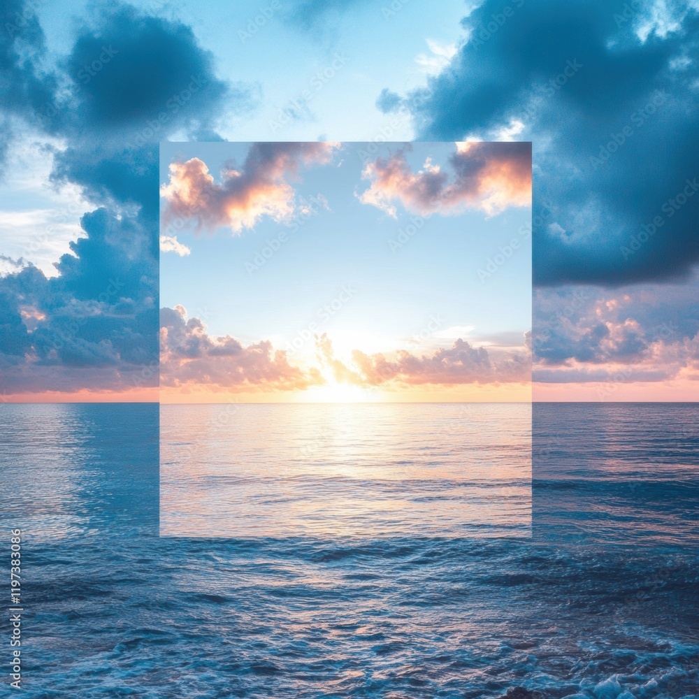 Aufkleber Serene ocean view with tranquil waters and clouds at sunset in a customizable mock up space. Generative AI