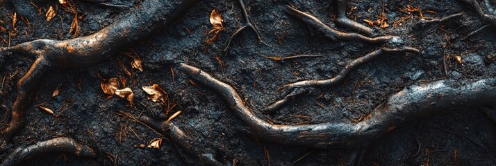 Fototapeta premium Dark Moody Forest Floor Roots Texture Background Image