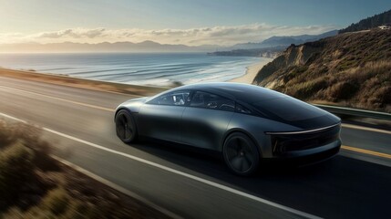 Sleek Electric Vehicle Driving Along Scenic Coastal Road