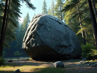 A giant boulder sits at the edge of a forest clearing, blocking the entrance to a hidden glade , ancient stone, hidden treasure, dense foliage