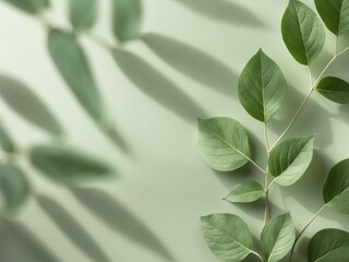 Obraz premium Fresh Green Leaves Casting Shadows on a Soft Light Green Background for Nature Themes