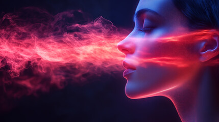 Digital illustration of a female face in red and blue smoke against black background
