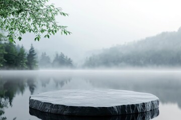 A stone podium on a water background with fog and a blue sky, a lake landscape with a forest and mountains, for a product presentation mockup, a beauty cosmetic template design with copy space.
