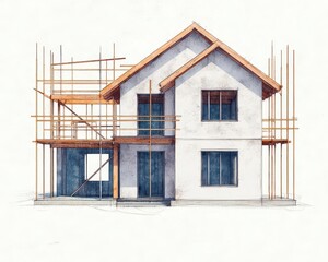 Daytime architectural sketch of a house under construction, with detailed shading and texture