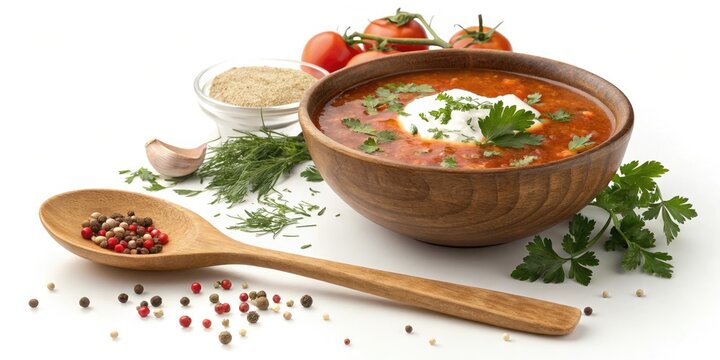 Acha soup with sour cream and herbs on top of a wooden spoon, traditional, herbs, snack