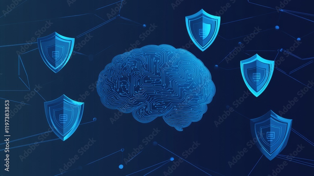 Poster abstract brain composition with digital elements and protective shields