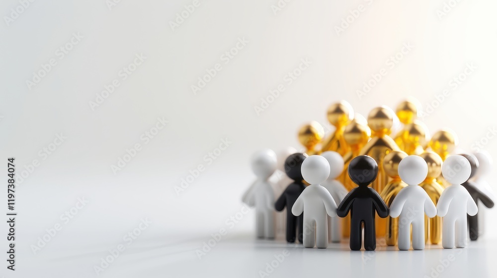 Poster a group of small human-like figures in various colors, symbolizing diversity and unity in a minimali