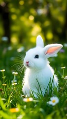 White Rabbit in Grasses - Cute Wild Bunny in Natural Habitat