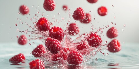 Raspberries splashing in water creating a vibrant scene
