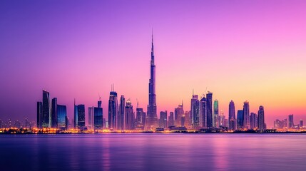 Fototapeta premium A breathtaking cityscape at twilight with skyscraper silhouettes glowing against a vibrant purple sky.