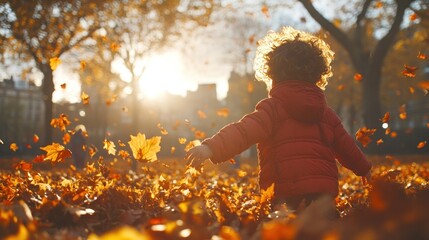 Toddler playing in autumn leaves at sunset.