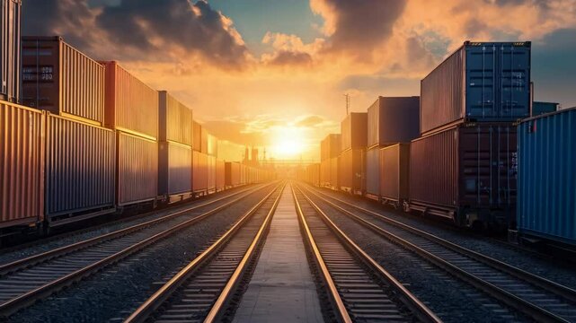 Railway tracks leading through rows of colorful stacked shipping containers in a freight terminal in sunset light. Transportation and logistics concept