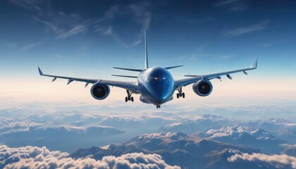 Obraz premium Airliner aircraft flying over vast blue expanse, , flight path, endless horizon