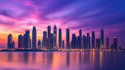 Obraz premium A breathtaking cityscape at twilight with skyscraper silhouettes glowing against a vibrant purple sky.