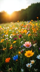 Obraz premium Bright wildflower meadow illuminated by sunset in a tranquil rural setting