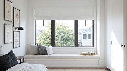 Sleep hygiene habits. Cozy bedroom with large windows and a comfortable reading nook.