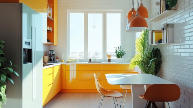 A bright kitchen space with colorful accents, sleek cabinets, and a cozy breakfast nook by the window.