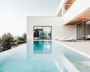Fototapeta premium Side perspective of a luxury villa under construction, with an infinity pool in progress