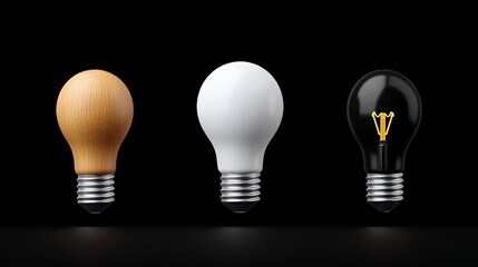 Illuminating Ideas: Three lightbulbs&mdash;wooden, white, and black&mdash;stand in a row against a stark black background, symbolizing diverse perspectives and the spark of innovation.