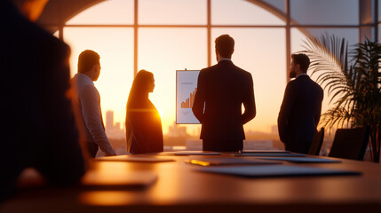 A professional team gathers around a modern office table while a man in a suit confidently presents his ideas. The warm lighting and large arched windows create a collaborative and