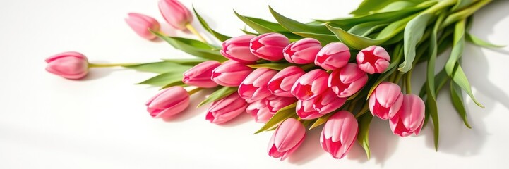 Fototapeta premium A stunning pink tulip bouquet placed on a elegant empty white surface, minimalist style, classic elegance,