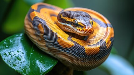 Obraz premium A coiled ball python rests on vibrant green leaves.