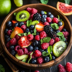 Obraz premium Delicious Mixed Berry Fruit Salad in Wooden Bowl