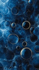 Bubbles floating in a deep blue abstract background with intricate textures and patterns