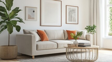 Obraz premium A bright living room with minimalist decor, a light gray couch, and a trendy coffee table with books and a plant.
