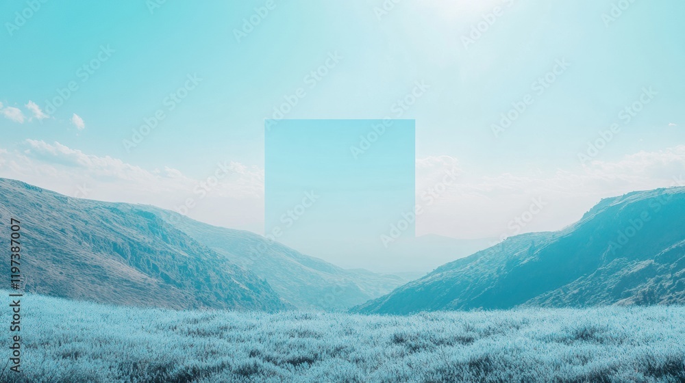 Poster expansive landscape with customizable text area surrounded by hills and a serene blue sky. generativ