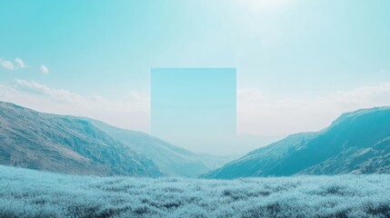 Expansive landscape with customizable text area surrounded by hills and a serene blue sky. Generative AI