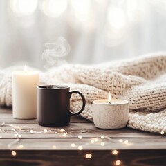 Cozy Winter Scene: Hot Drink, Candles, Knit Blanket