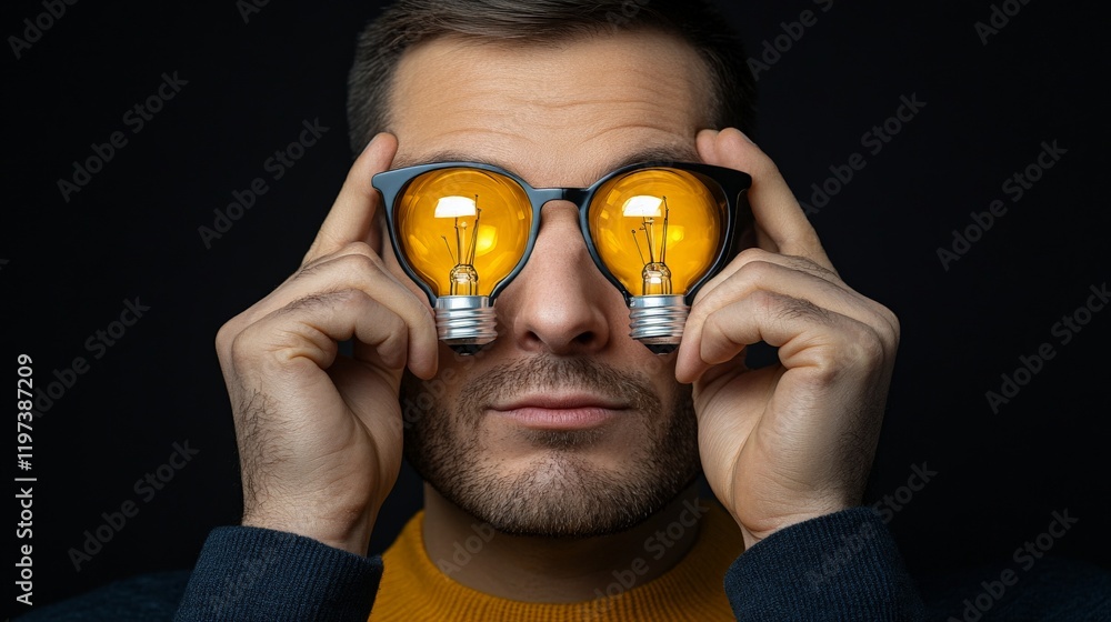 Poster illuminating ideas: a close-up portrait of a man with lightbulbs for eyes, symbolizing innovative th