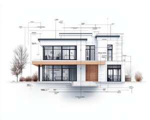 Front elevation drawing of a modern house under construction, with detailed annotations on materials