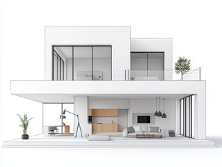 Modern architectural illustration of a loftstyle house under construction, with large windows and open spaces