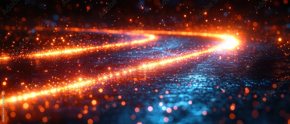 Poster digital tunnel with glowing particles, motion speed and technology.