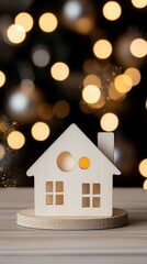 A wooden house model sits on a table, illuminated as the sunset creates a beautiful bokeh effect in the background