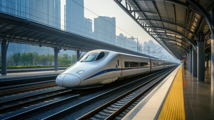 Fototapeta premium A bullet train departing a sleek, modern station surrounded by clean, green urban landscapes.