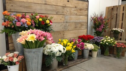 A large collection of artificial flowers in various colors and shapes placed behind a distressed wood backdrop, floral patterns, artificial flowers, home decor, floral arrangements