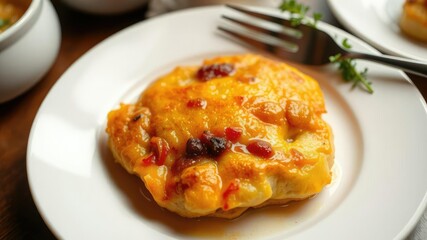 A steaming plate of food with a golden-brown crust and savory aroma, served on a white ceramic plate, evening, culinary art