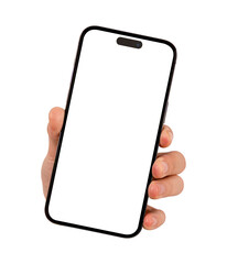 Hand showing smartphone with blank screen isolated.