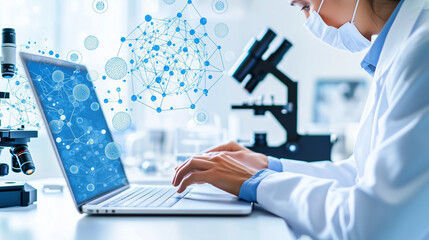 In a state-of-the-art laboratory, a researcher analyzes data on a laptop, surrounded by microscopes and other scientific tools. The environment combines digital technology with tra
