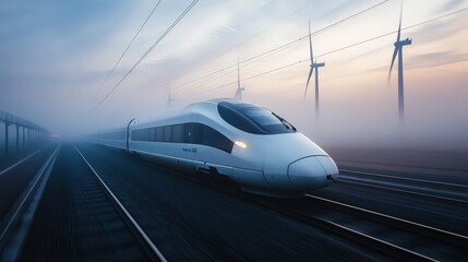 Naklejka premium A bullet train speeding through a foggy countryside, with wind turbines in the background.